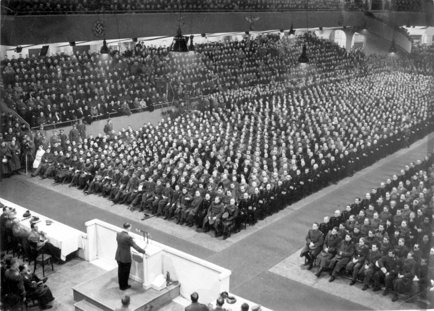 Adolf Hitler gives a speech in Berlin's Sportspalast in front of officers, from Eva Braun's albums